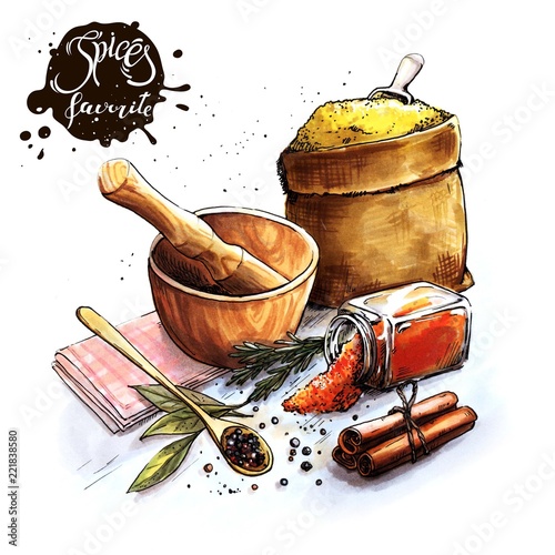 Set of oriental spices and spicy herbs on a white background