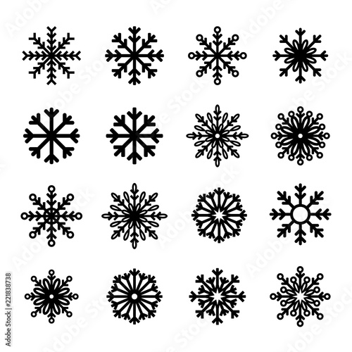 Snowflake winter set collection isolated on white background. Snow icons, silhouette for Christmas and New Year banner, cards. Vector and illustration.