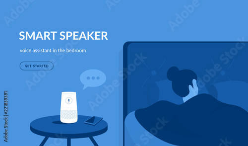 Smart speaker in the bedroom. Flat vector illustration of woman sleeping in the bed asking something the white home smart speaker with integrated virtual assistant. Blue concept design with copy space
