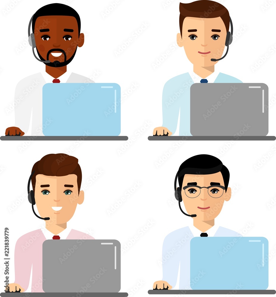Operator of call center office working in headphones with mic laptop computer. Client services and communication, customer support, phone assistance. Flat style vector illustration isolated. Operator of call center office working in headphones with mic laptop computer. Client services and communication, customer support, phone assistance. Flat style vector illustration isolated.