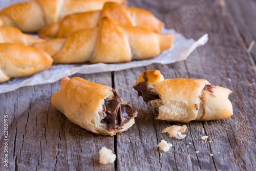 Homemade croissants with chocolate, delicious sweet rolls 