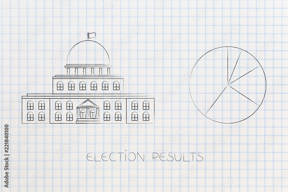 governement building with pie chart of election results next to it