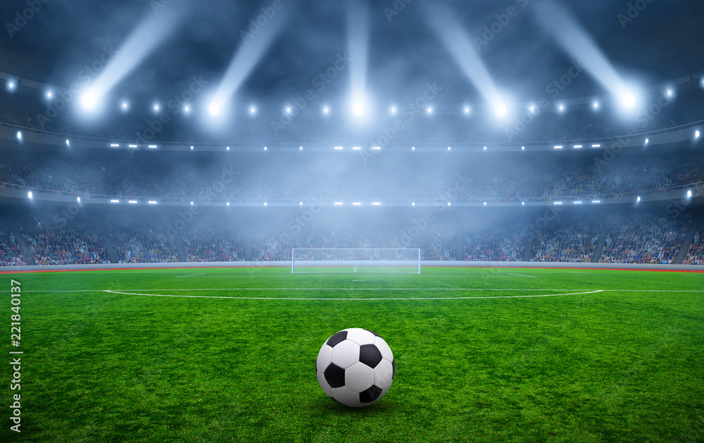 Ball on gras in soccer stadium - obrazy, fototapety, plakaty 