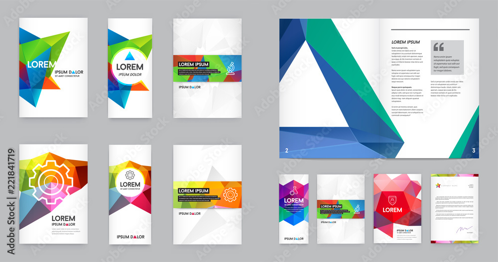 Big Set of Visual identity with letter logo elements polygonal style Letterhead and geometric triangular design style brochure cover template mockups for business with Fictitious names