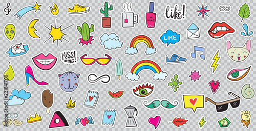 Big Set of Patches Elements like Flower, Heart, Crown, Cloud, Lips, Mail, Diamond, Eyes. Hand Drawn Vector. Cute Fashionable Stickers Collection. Doodle Pop art Sketch Badges and Pins.