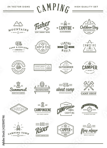 Set of Vector Camping Camp Elements and Outdoor Activity Icons Illustration can be used as Logo or Icon in premium quality