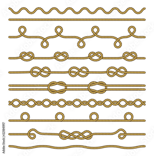 Set of Rope and knots. Decorative elements. Vector illustration collection.