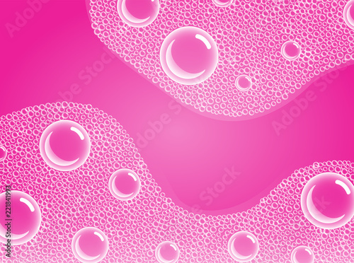Soap Bubbles in Bath or Sud. Vector. Transparent Foam on Pink Soda water background.