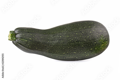 one dark green zucchini, courgette, isolated on white background, cucurbita cukesha.