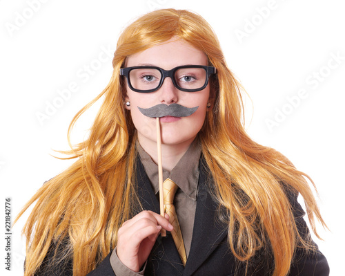 Canvastavla young woman with fake moustache dressed up as a man