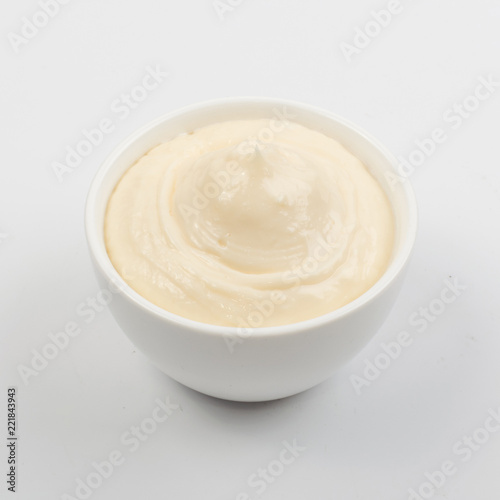 Olive Mayonnaise or Mayo Sauce in Small White Bowl Close Up