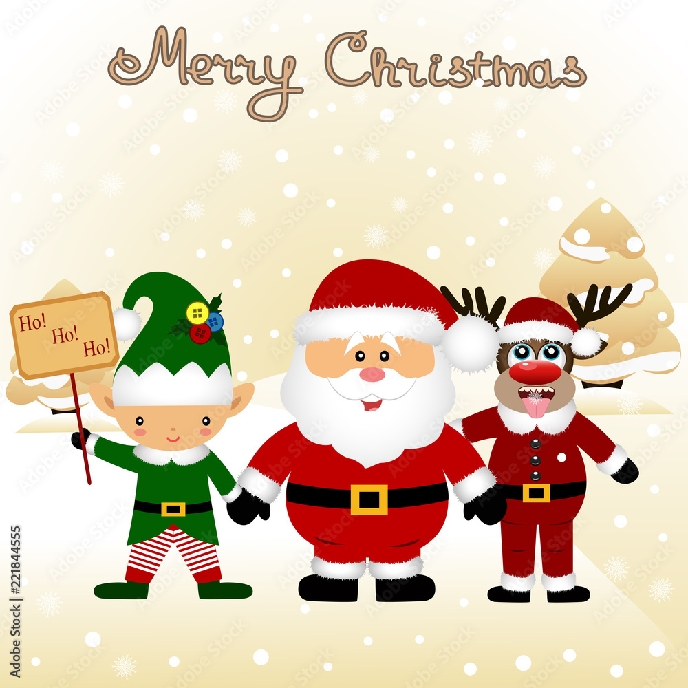Christmas card. Funny postcard with Christmas Elf, Christmas rei Christmas card. Funny postcard with Christmas Elf, Christmas rei