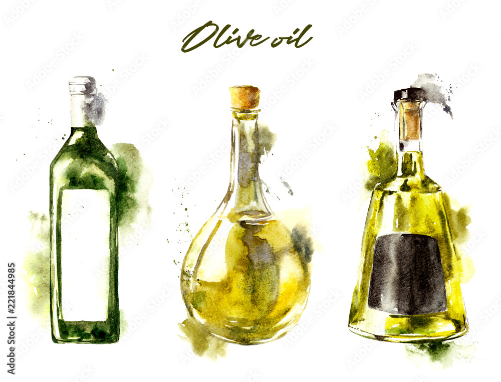Watercolor bottle with olive oil on white background. Hand drawn ...