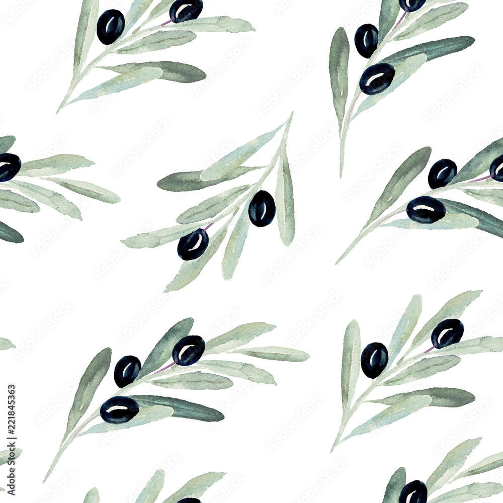Obraz premium Seamless watercolor olea floral pattern with olive branches and leaves on white background