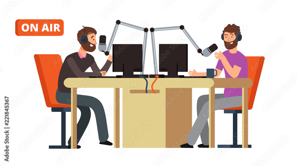 Radio show. Broadcasting radio dj talking with microphones on air. Vector  concept broadcast entertainment, broadcasting live illustration vector de  Stock | Adobe Stock