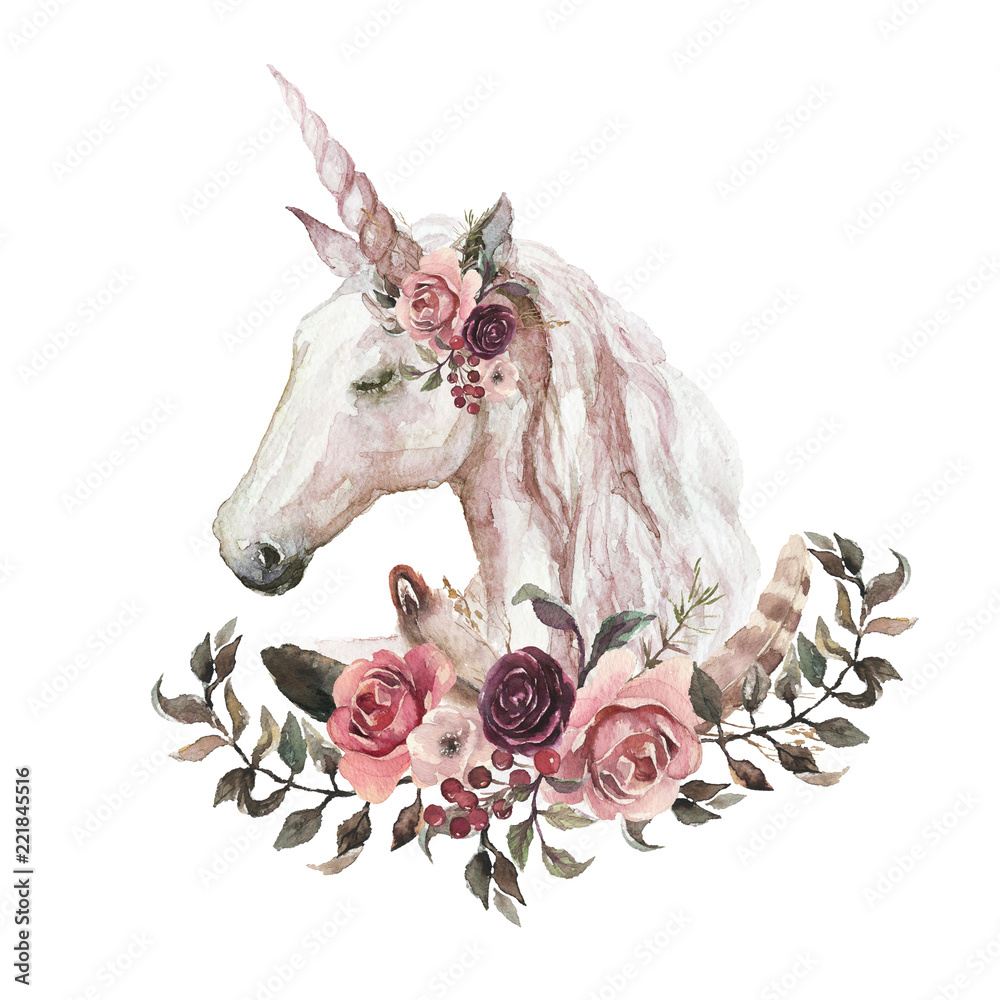 Obraz Akwarela zwierząt kwiatowy boho ilustracja - jednorożec z kwiatem i elementami pióro na ślub, rocznica, urodziny, itp. Zaproszenia.