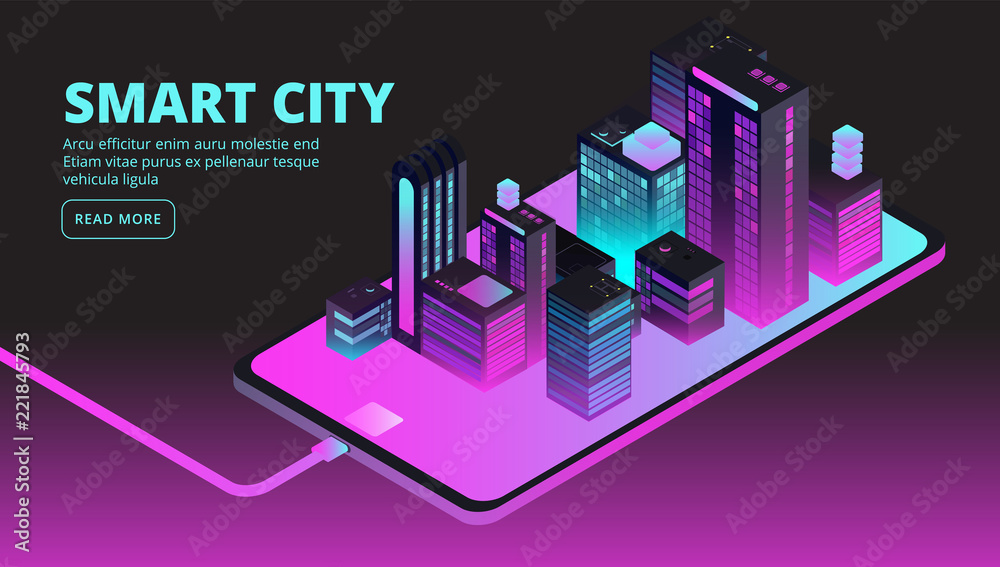 Fototapeta premium Smart city technology. Intelligent buildings in future city. Isometric 3d vector banner. Illustration of isometric smart city building on smartphone