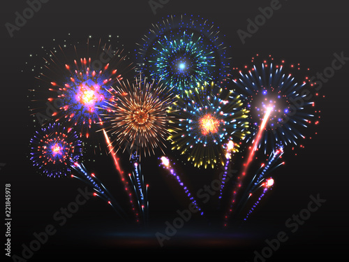 Fireworks background. Firework petard exploding in night. Light effect with firecracker sparks. 2019 happy new year vector backdrop. Firework with colored sparkle, petard and firecracker illustration