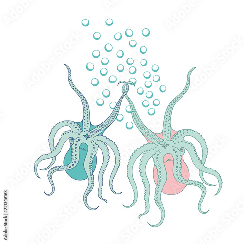 Two octopus holding hands vector design on white background, perfect for greeting cards, scrapbooking, textile and gift wrapping paper