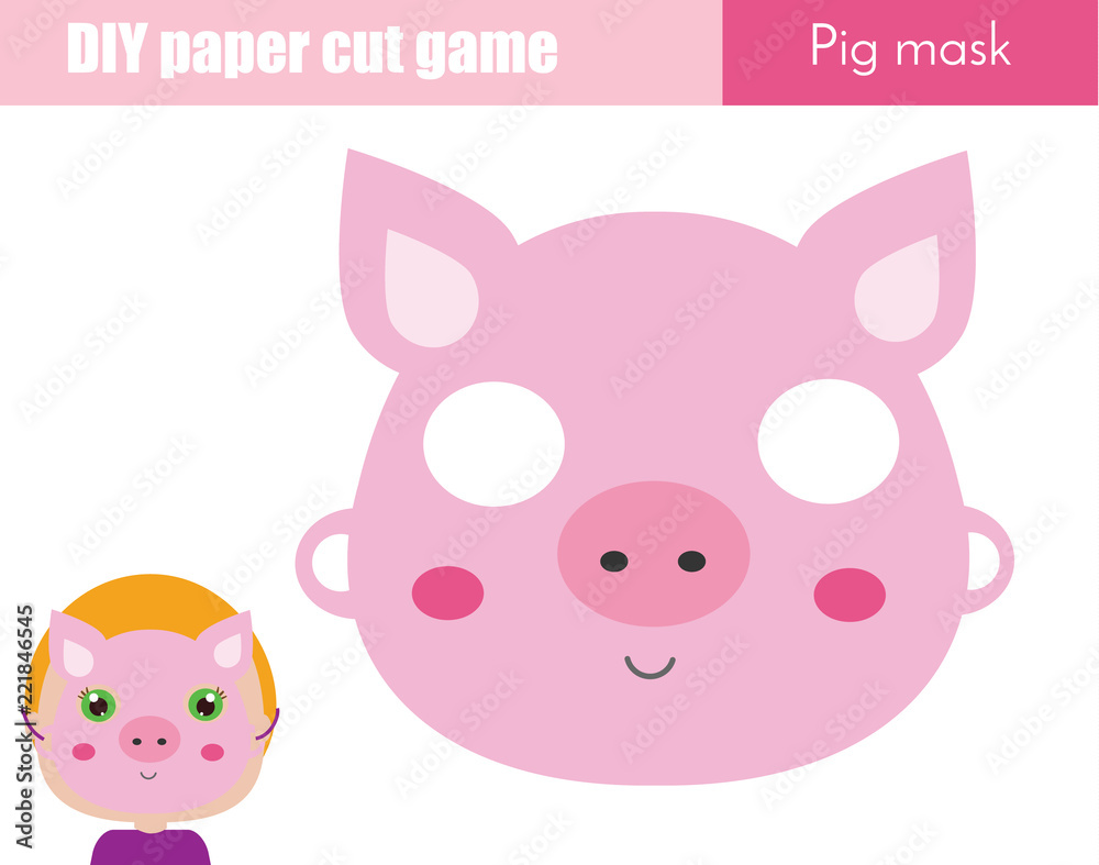 DIY children educational creative game. Make an animal party mask with  scissors. Pig paper face mask for kids printable sheet Stock Vector | Adobe  Stock