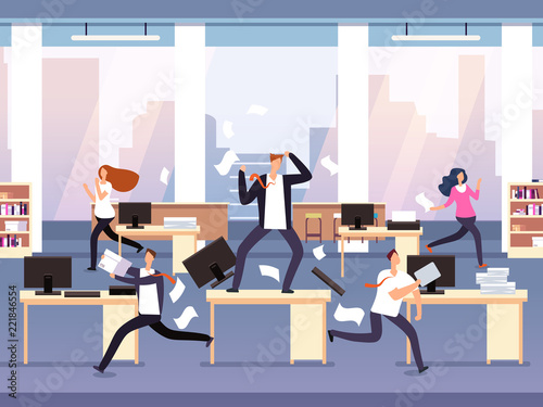 Angry boss. Chaos in office with employees in panic. Businessman in stress and deadline vector concept. Illustration of running employee, furious management workday