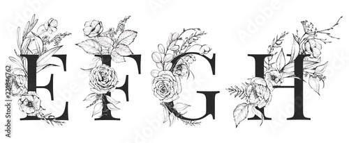 Graphic Floral Alphabet Set - letters E, F, G, H with black & white flowers bouquet composition. Unique collection for wedding invites decoration, logo and many other concept ideas.