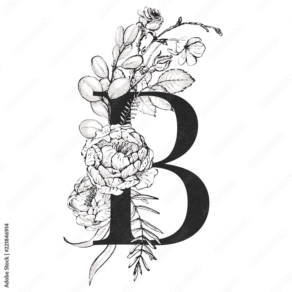 Graphic Floral Alphabet - Letter B With Black And White Flowers Bouquet ...