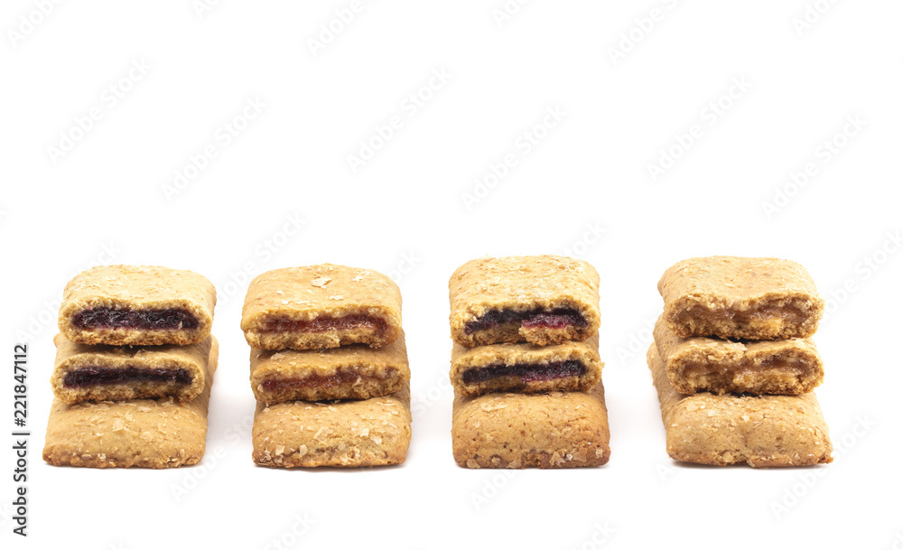 Various Flavors of Whole Grain Breakfast Bars on a White Background