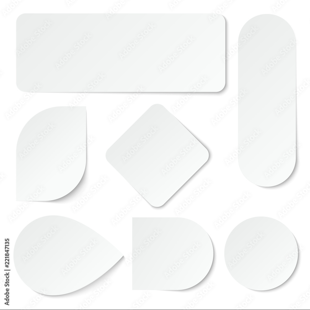 White paper stickers. Blank labels, tags in rectangular and round shape.  Isolated vector set. Advertisement note paper, tag sticker illustration  Stock Vector | Adobe Stock