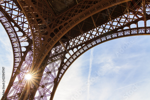 Beautiful view of the Eiffel tower seen from beneath in Paris