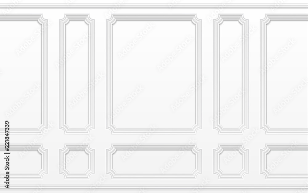 White wall with moulding frames. Classic interior with moulding panels. Seamless vector background. Architecture moulding background, interior with plaster decoration wall illustration - obrazy, fototapety, plakaty 