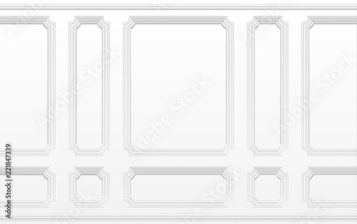 White wall with moulding frames. Classic interior with moulding panels. Seamless vector background. Architecture moulding background, interior with plaster decoration wall illustration photo