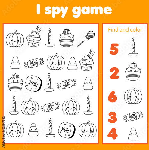 I spy game for toddlers. Find and count objects. Counting educational children activity. Halloween theme