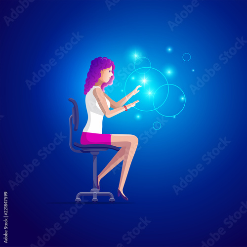 Young woman is working touchable hologram.