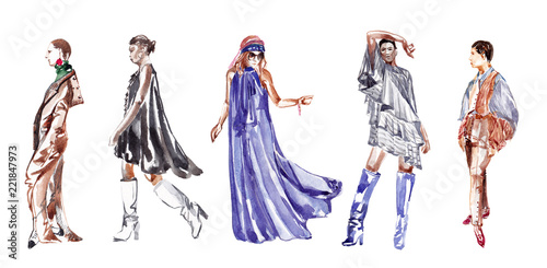 Models in clothes of different styles. 5 girls on a white background. Sketch with watercolor.