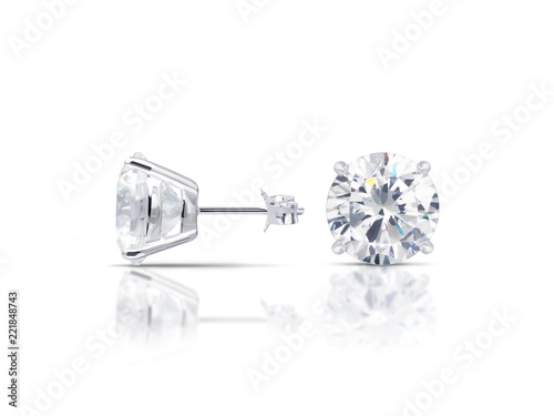 beautiful white diamond stud earrings with reflection on white background