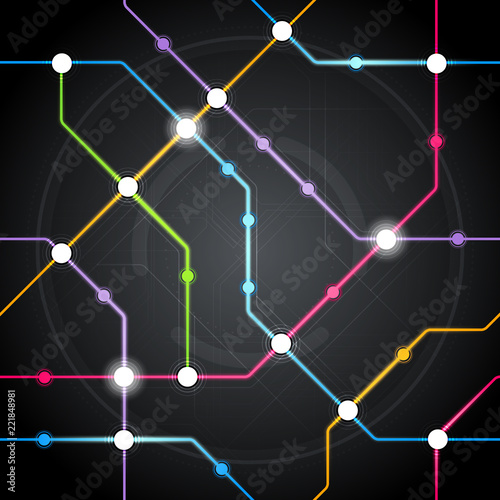 Vector abstract seamless colorful future cyber metro scheme, railway transport or city bus map pattern on black background