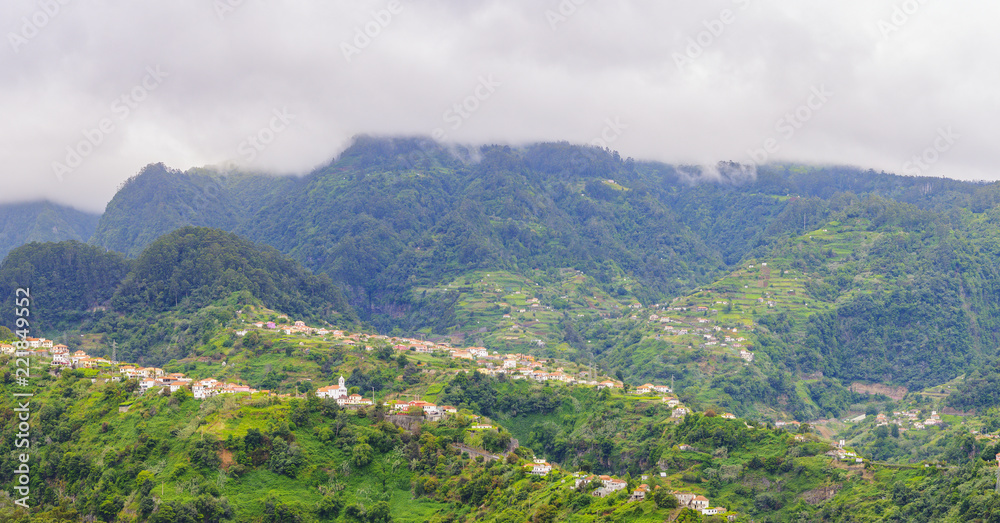 Mountain landscape. View of mountains on the route Vereda da Penha de Aguia, Madeira Island, Portugal, Europe.