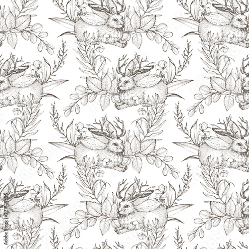 Graphic floral seamless pattern - mythological wolpertinger hare & flower bouquets on white background. For wedding stationary, greetings, wallpapers, fashion, logo, wrapping paper, fashion, textile.