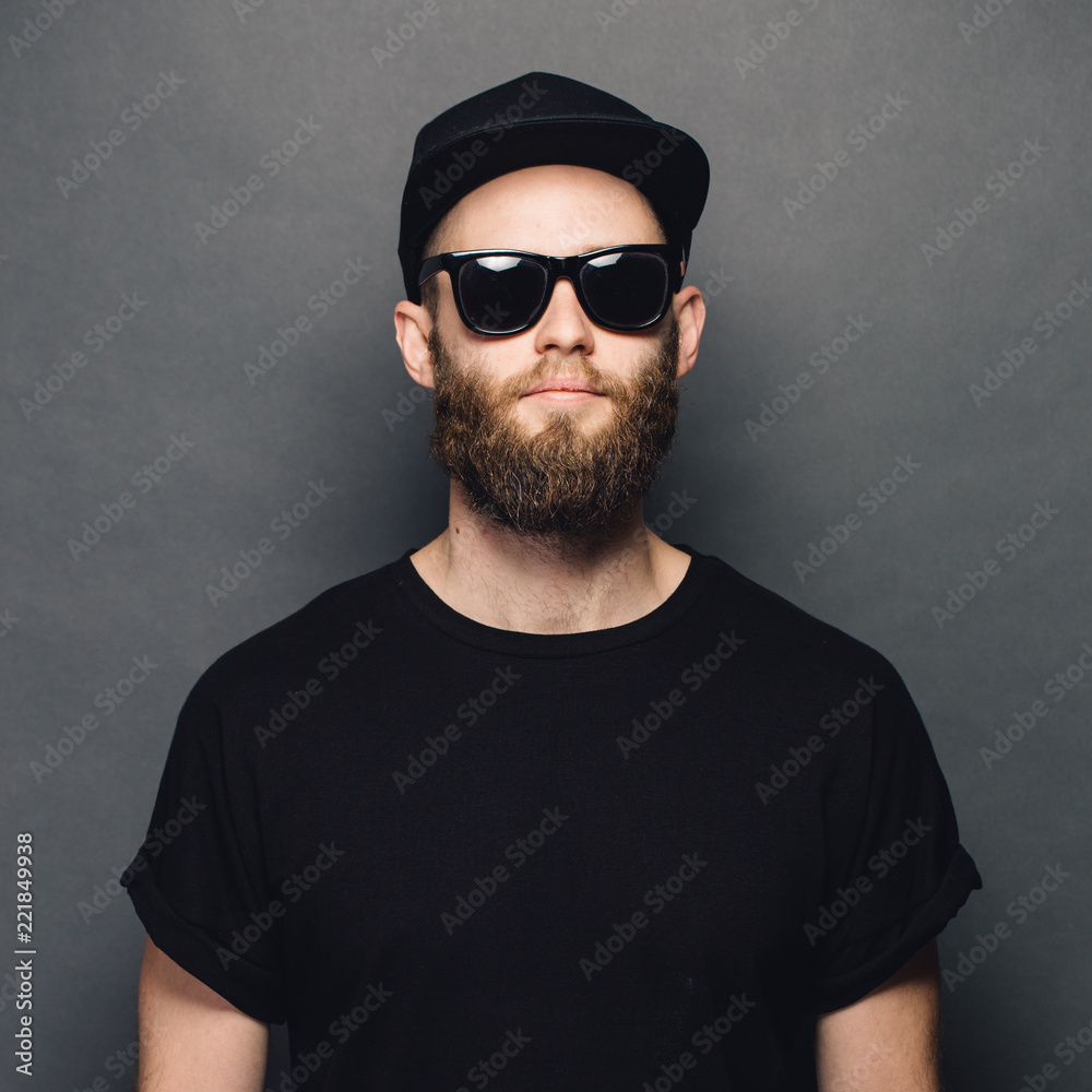 Hipster handsome male model with beard wearing black blank t-shirt ...