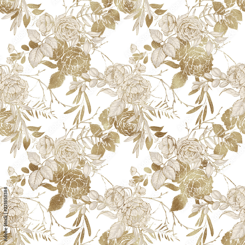 Graphic floral seamless pattern - gold textured flower bouquets on