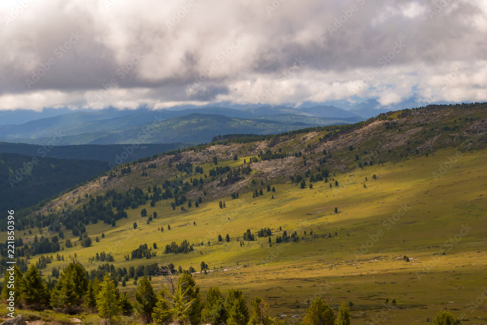 Landscape of green valley flooded with light with lush green grass, mountains, covered with stone and hills, a fresh summer day under a blue sky with white clouds and sun rays in Altai mountains