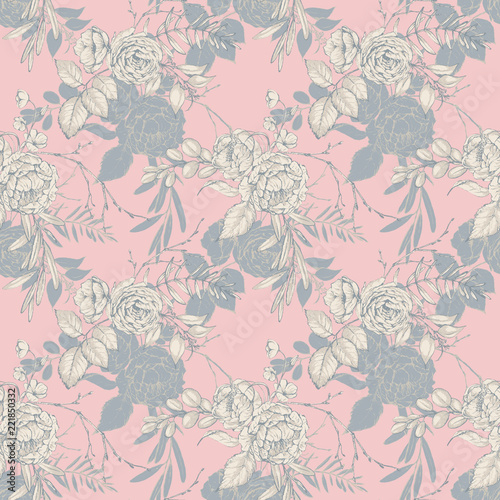 Graphic floral seamless pattern - flower bouquets illustration on pink background. For wedding stationary  greetings  wallpapers  fashion  logo  wrapping paper  fashion  textile  etc.