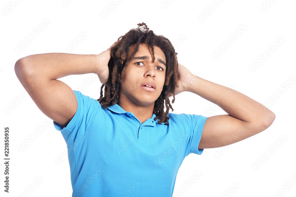 shocked handsome young man against white background shocked handsome young man against white background