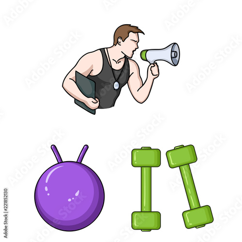 Fitness and attributes cartoon icons in set collection for design. Fitness equipment vector symbol stock web illustration.