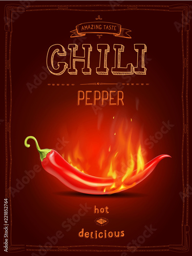 Chili pepper in fire hot sauce poster or logo