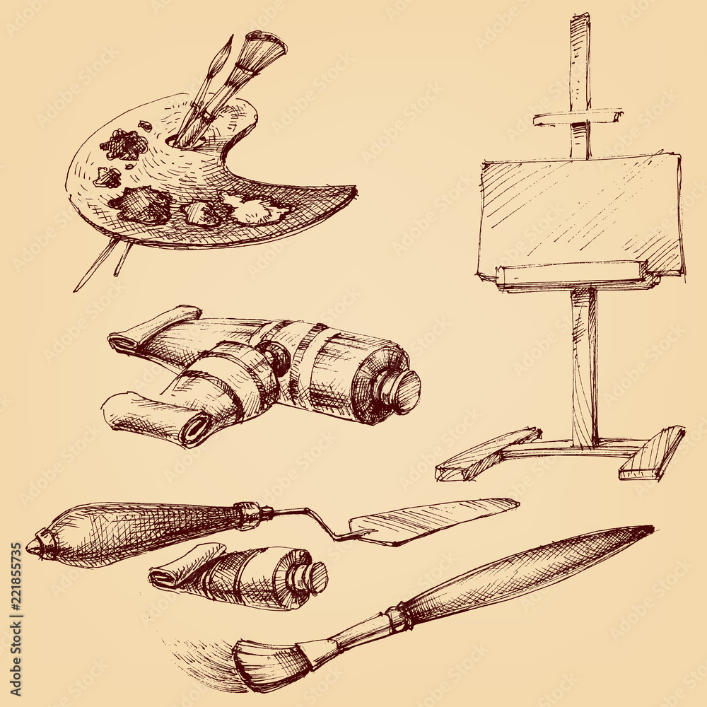 Fototapeta premium Painter's and painting set, brushes, painter's palette, color tubes, easel and painting knife