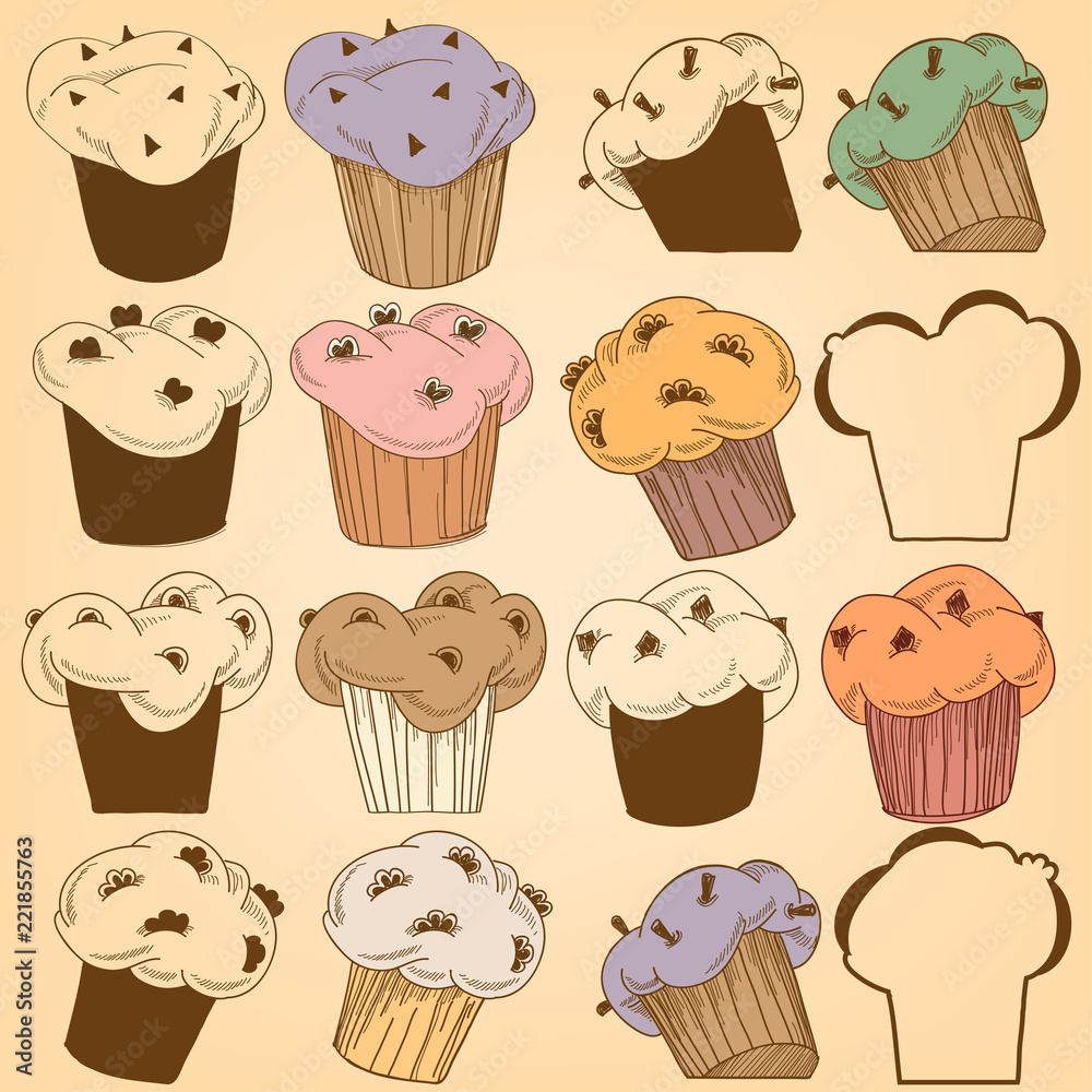 Cupcakes set, chocolate chips muffins