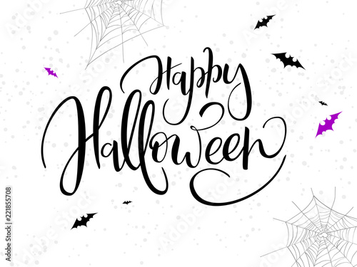 vector holiday happy halloween hand lettering label with bat, spider web and dots