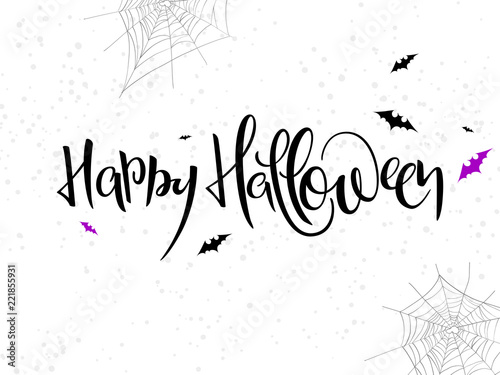 vector holiday happy halloween hand lettering label with bat, spider web and dots